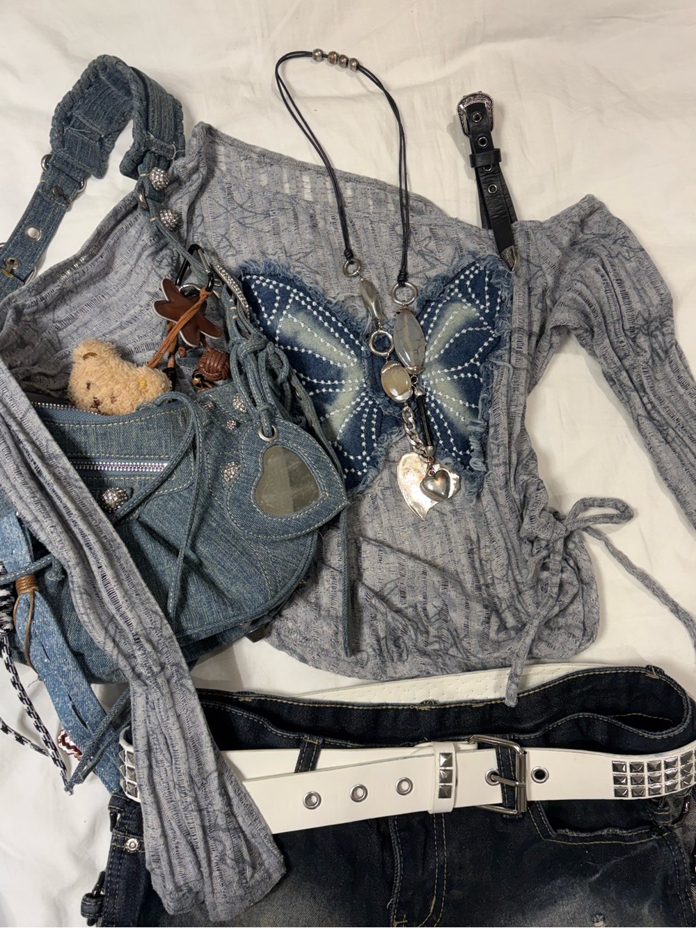 y2k butterfly one-shoulder top + buckle strap